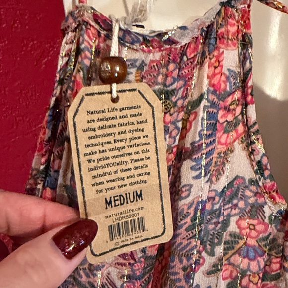 NWT NATURAL LIFE Pink and Cream metallic boho Bollywood floral Maxi Dress. Sz M - Picture 10 of 17